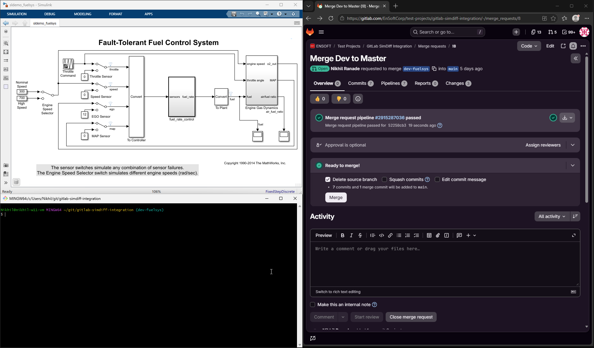 Screenshot of a desktop with the Fault-Tolerant Fuel Control System model open in Simulink, an empty Git terminal, and a GitLab merge request titled 'Merge Dev to Master' that is ready to merge.