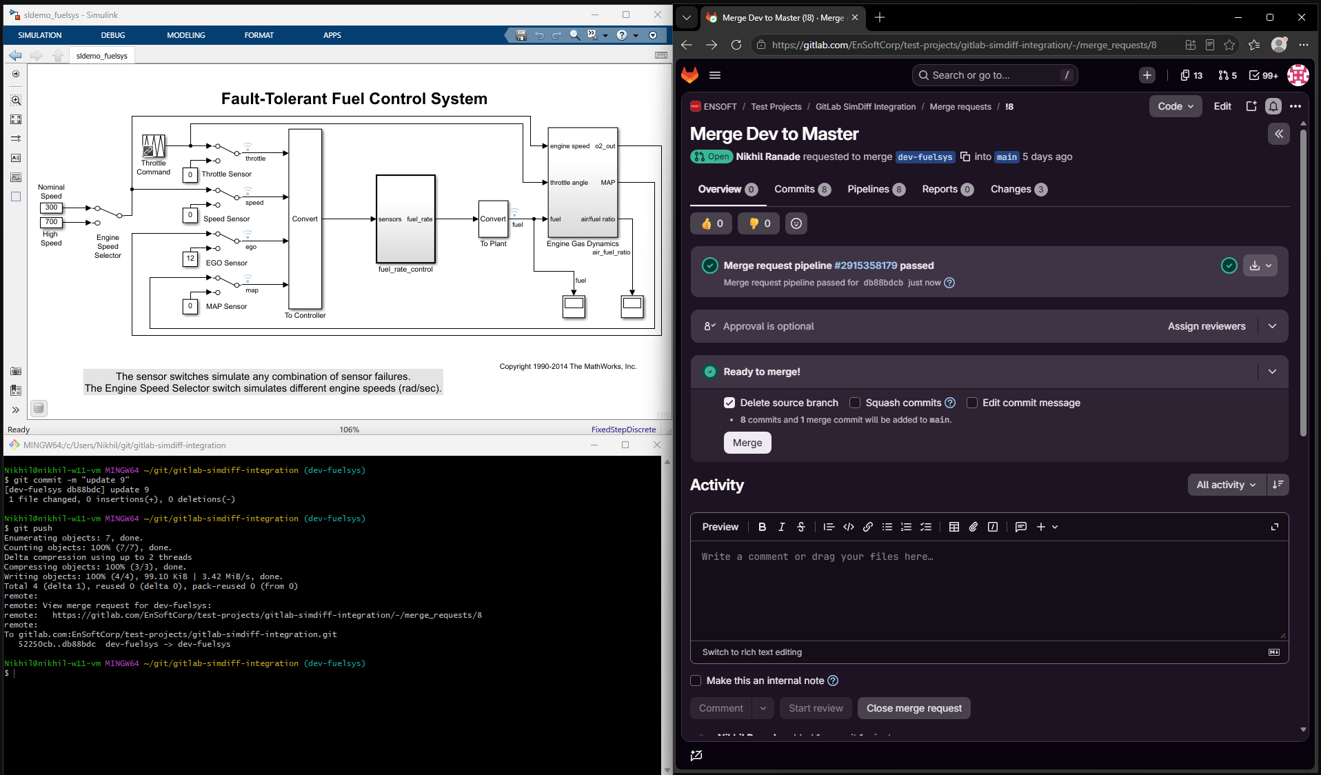 Screenshot of the GitLab merge request after the pipeline has passed, with the merge request ready to merge.