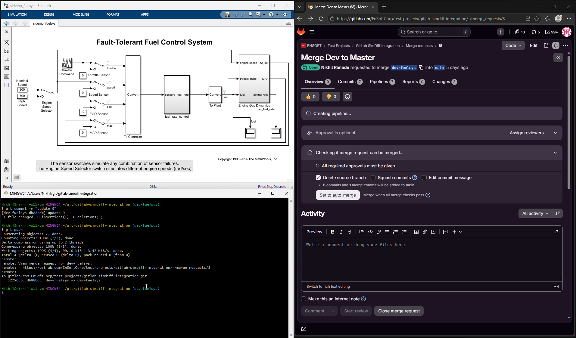 Screenshot of the same desktop after a push: the terminal shows the commit and the push to the dev-fuelsys branch, and the GitLab merge request is creating a pipeline.